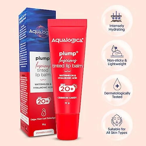 Aqualogica Plump  Luscious Tinted Lip Balm for Men & Women - Lip Mask for Dry, Dark & Pigmented Lips with Watermelon & Hyaluronic Acid -10g (Crimson Candy)