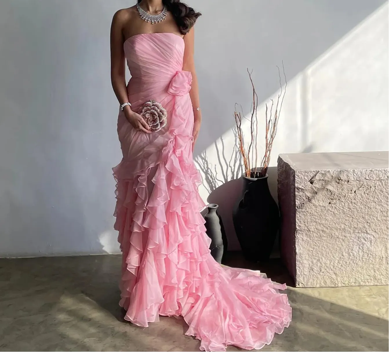 Blush Pink Ruffles Strapless Mermaid Gowns