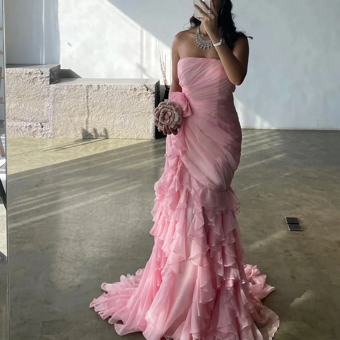 Blush Pink Ruffles Strapless Mermaid Gowns