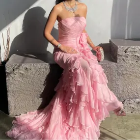 Blush Pink Ruffles Strapless Mermaid Gowns