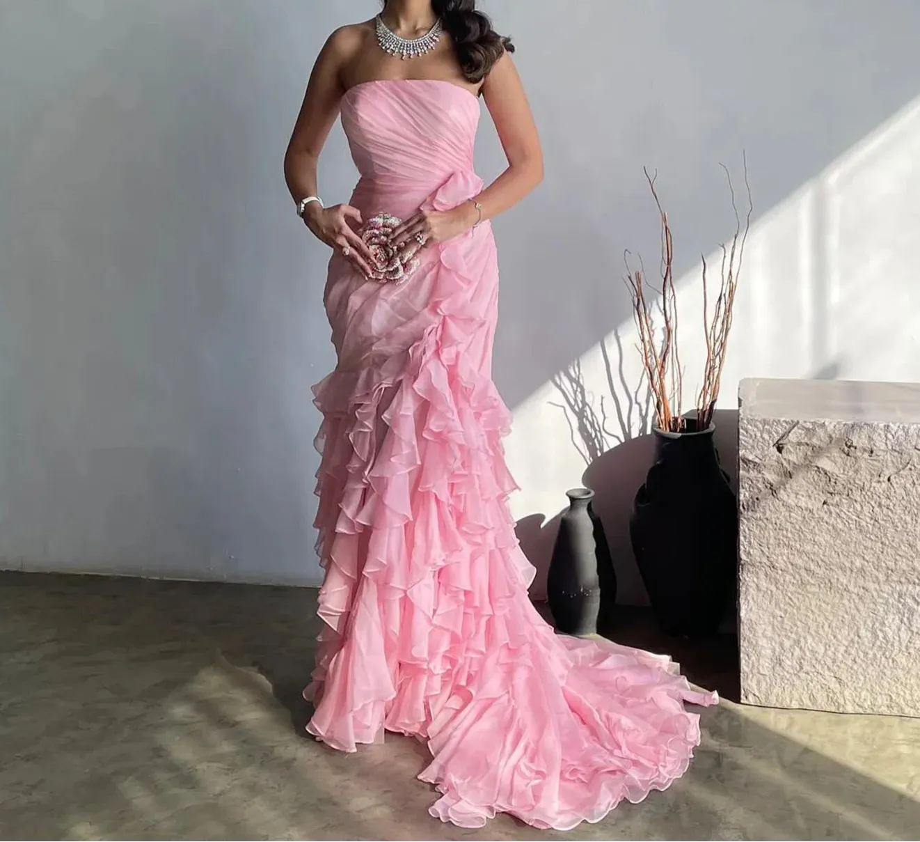 Blush Pink Ruffles Strapless Mermaid Gowns