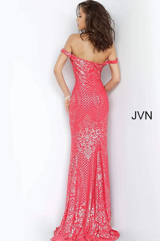 Jovani JVN60139 Size 6 Red Shimmer Prom Dress Long Glitter Gown Off the Shoulder