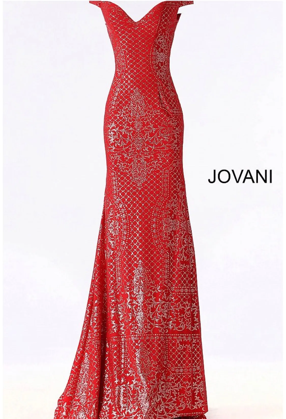 Jovani JVN60139 Size 6 Red Shimmer Prom Dress Long Glitter Gown Off the Shoulder