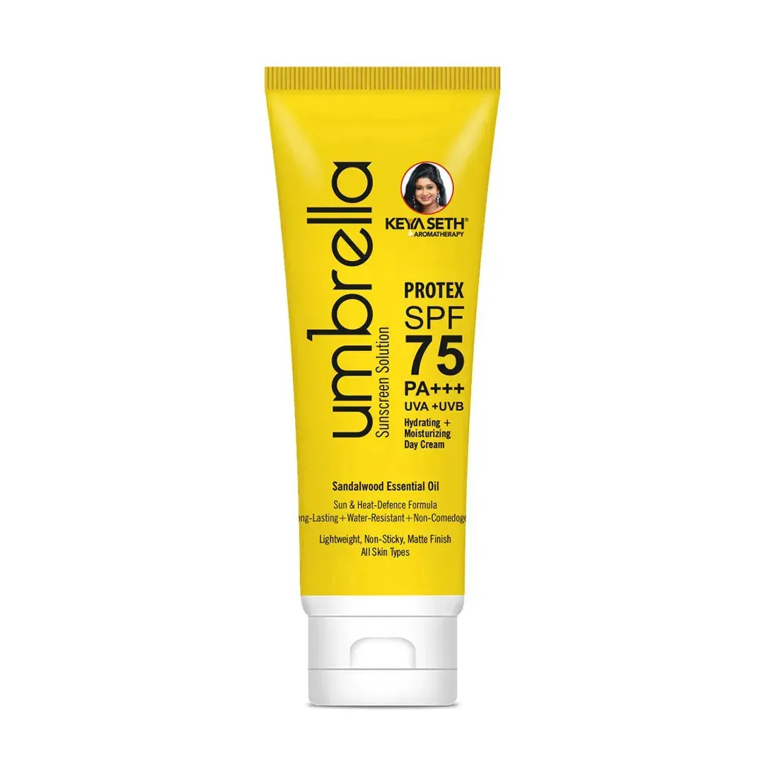 Umbrella Sunscreen Solution Protex SPF 75 Broad Spectrum Protection, Hydrating, No White Cast, Lightweight Matte Finish with Sandalwood Oil